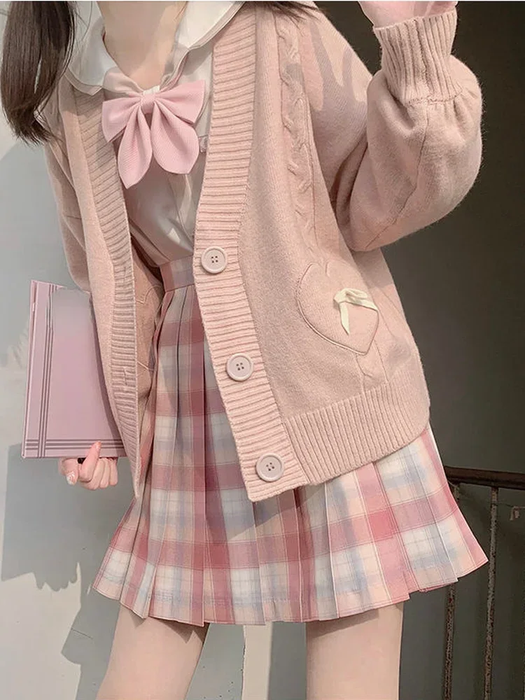 KOSAHIKI Japanese Kawaii Knitted Cardigan Women Heart Bow Pockets Cute Sweater Coat JK Girl Sweet Loose V-neck Kardigan Damski