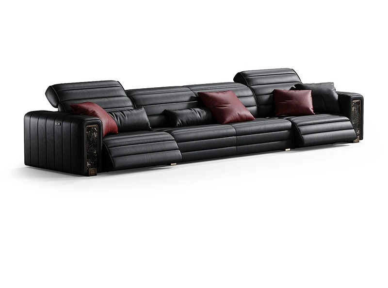 Black leather sofa luxury villa living room straight row whole house electric multi-functional sofa