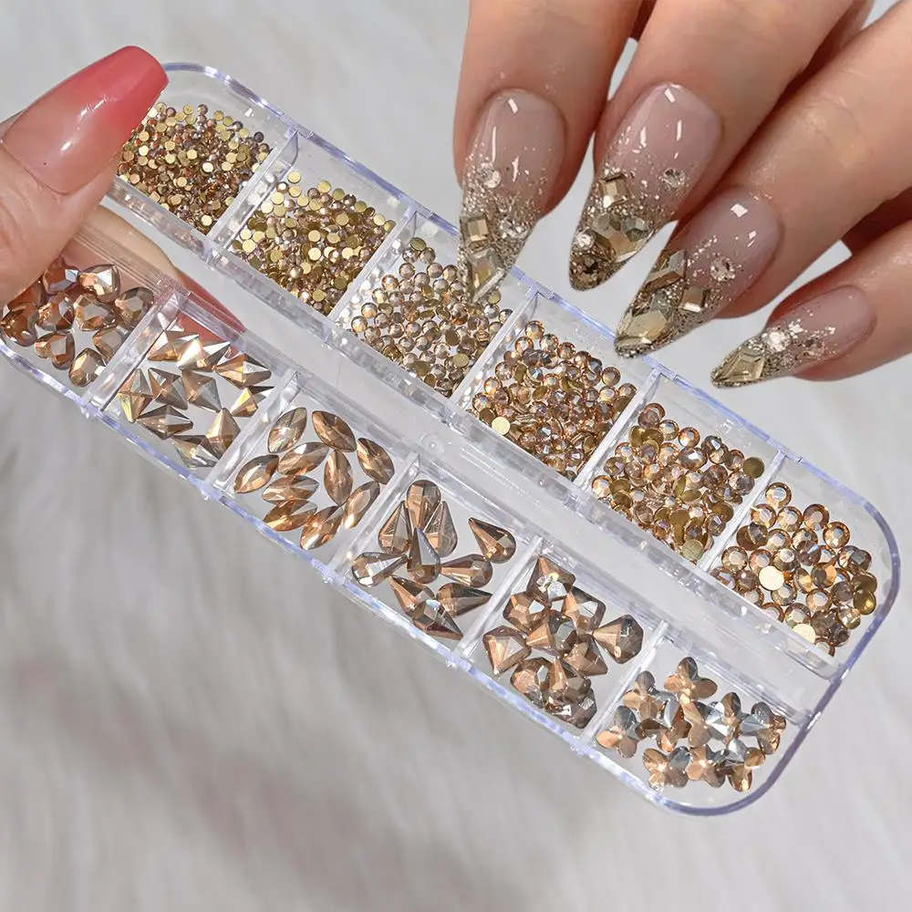 12 Siatek 3D Złote Cyrkonie do Paznokci Mieszane Kształty Okrągłe Serce Kropla Kwadrat Szklane Diamenty Ozdoby do Paznokci DIY Akcesoria do Manicure