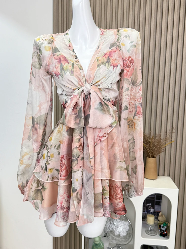 Autumn French Vintage Midi Long Sleeve Floral V-Neck Dress Women Boho Frocks Aesthetic One-Piece Evening Old Money Coquette Hot