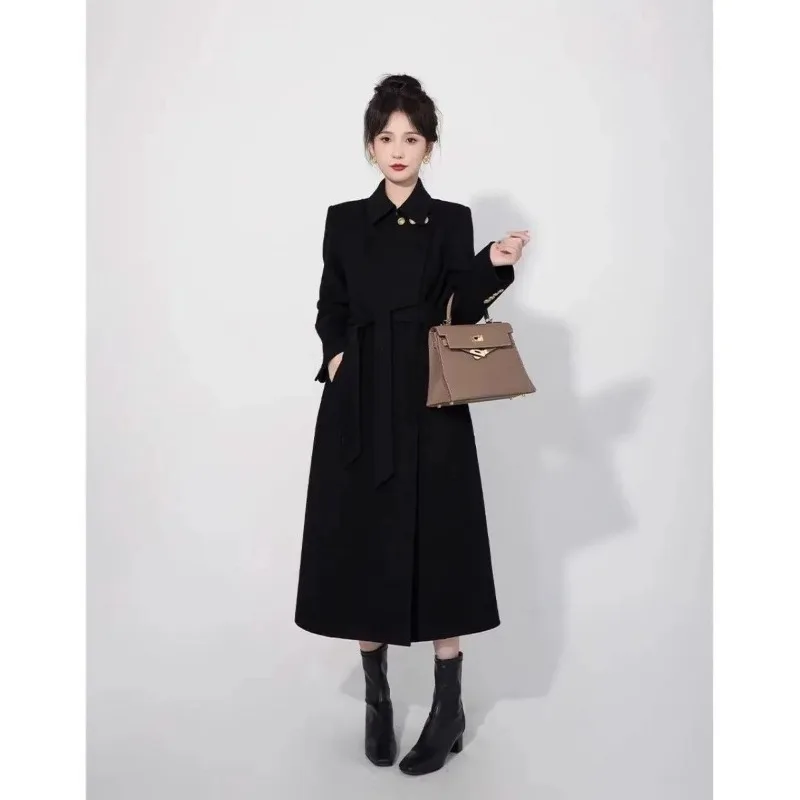 Autumn and Winter Korean Mid-length Woolen Coat Solid Color Lapel Long-sleeved Button Cardigan Fashionable Casual Commuting Top
