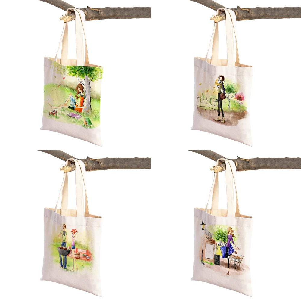 Mode Cartoon Einzigen Mädchen Life Dame Einkaufstasche Beidseitiger Druck Wiederverwendbare Casual Leinwand Tote Schulter Handtasche für Frauen