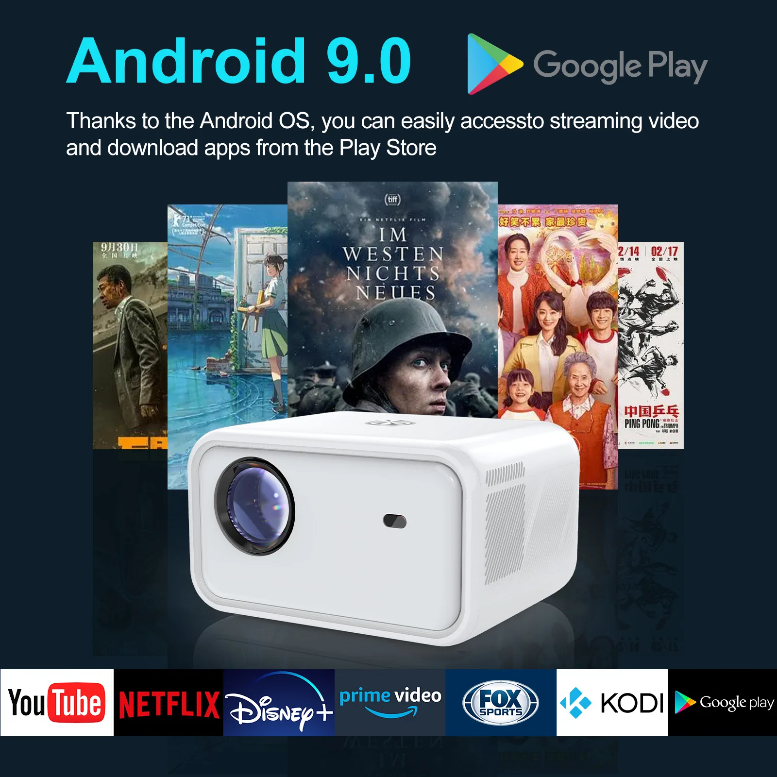 Proyektor TJXL-CineFlow T5 Android9.0 330ANSI 1080P-4K Pre-Load Netflix & VoiceCommand - untuk Bioskop Halaman Belakang & Kamar Tidur Teater H