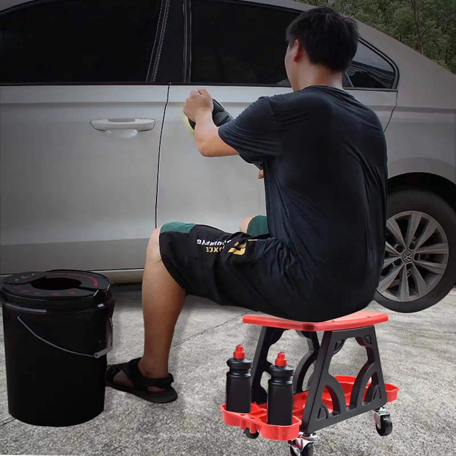 Car Detailing Stool Chair Mechanic Stool with Storage Holder for Car Repair Red