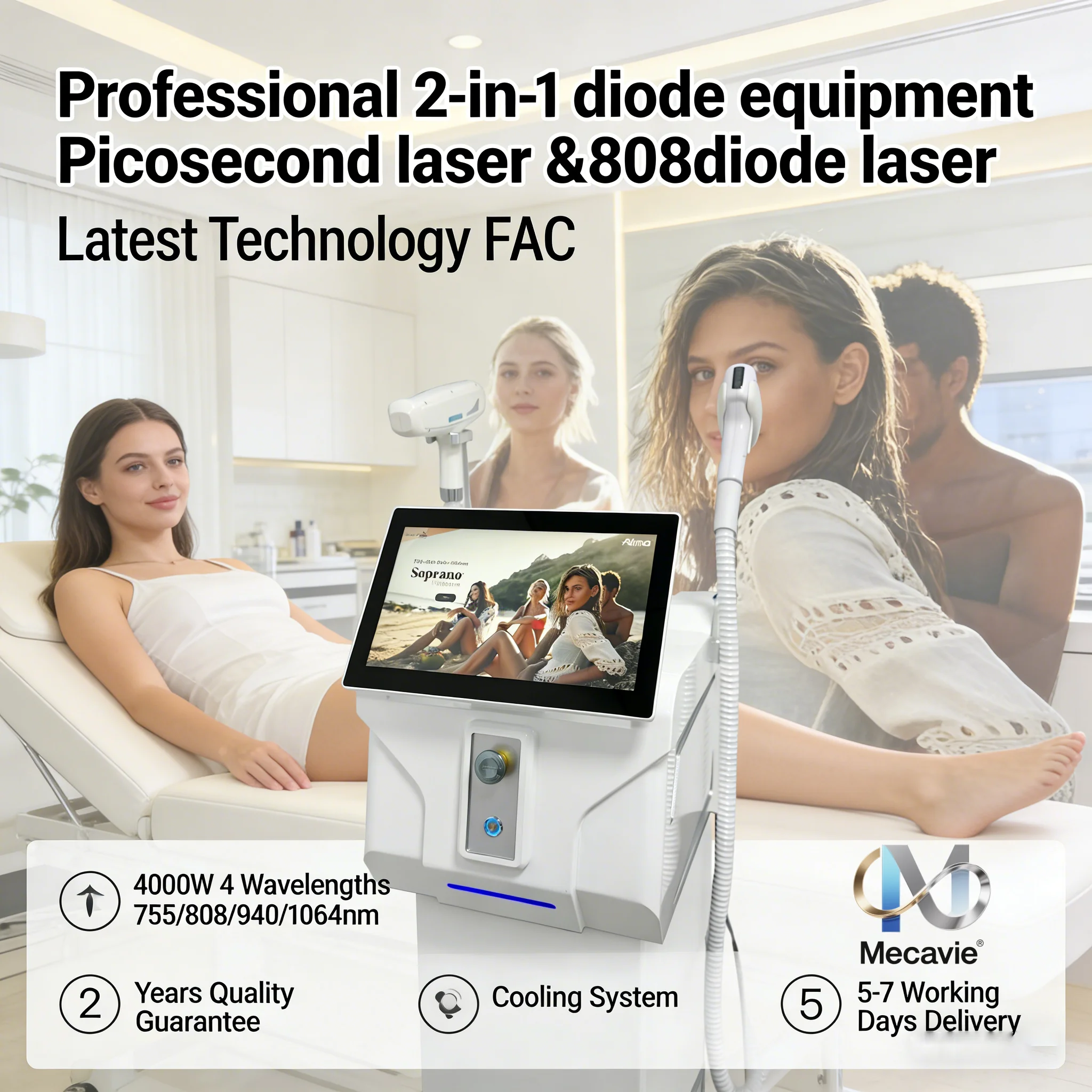 

Профессиональный титановый лазерный аппарат для удаления волос Soprano Diode Alejandrita 755нм 808нм 940нм 1064нм, 4 длины волны, 4000 Вт