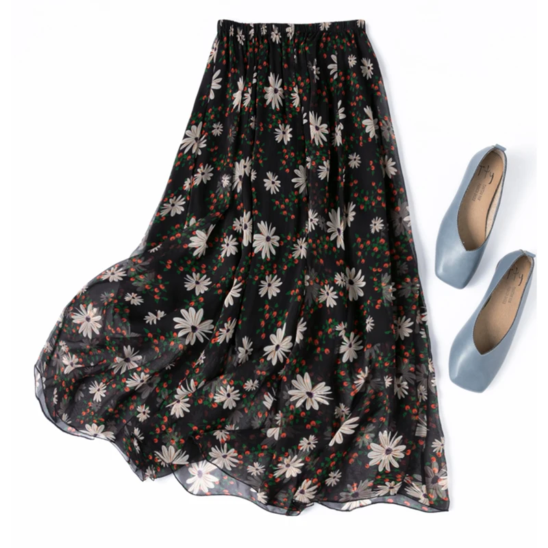 Gonna di seta da donna 100% seta di gelso Gonna lunga stampata floreale nera con fodera in seta Summer Beach Orlo grande Lavoro d'ufficio M1340