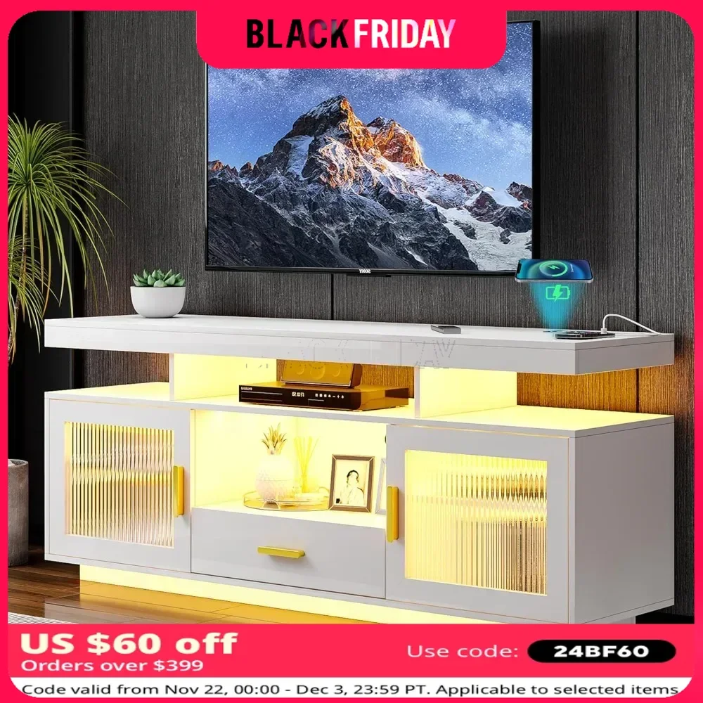 TV Stand 24-Color RGB, Auto Sensor LED Entertainment Center with Wireless Charging Station & Large Storage Cabinet, TV Stand