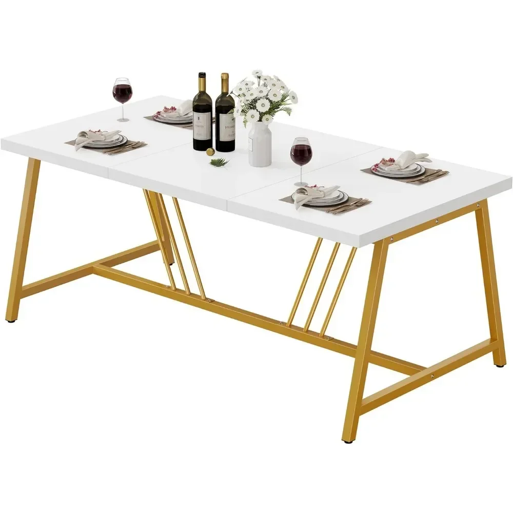 70.9 Inch Large White Dining Table for 6-8 People, Modern Farmhouse Kitchen Dinner Table w/Gold Geometric Metal Legs for Kitchen