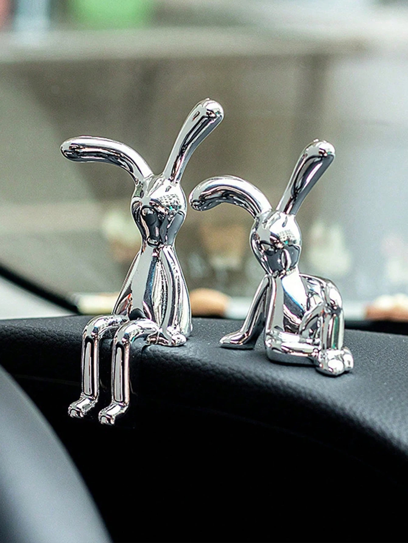 Silver Rabbit Car Dashboard Ornaments | Bunny Figurines for Car & Desk Decor