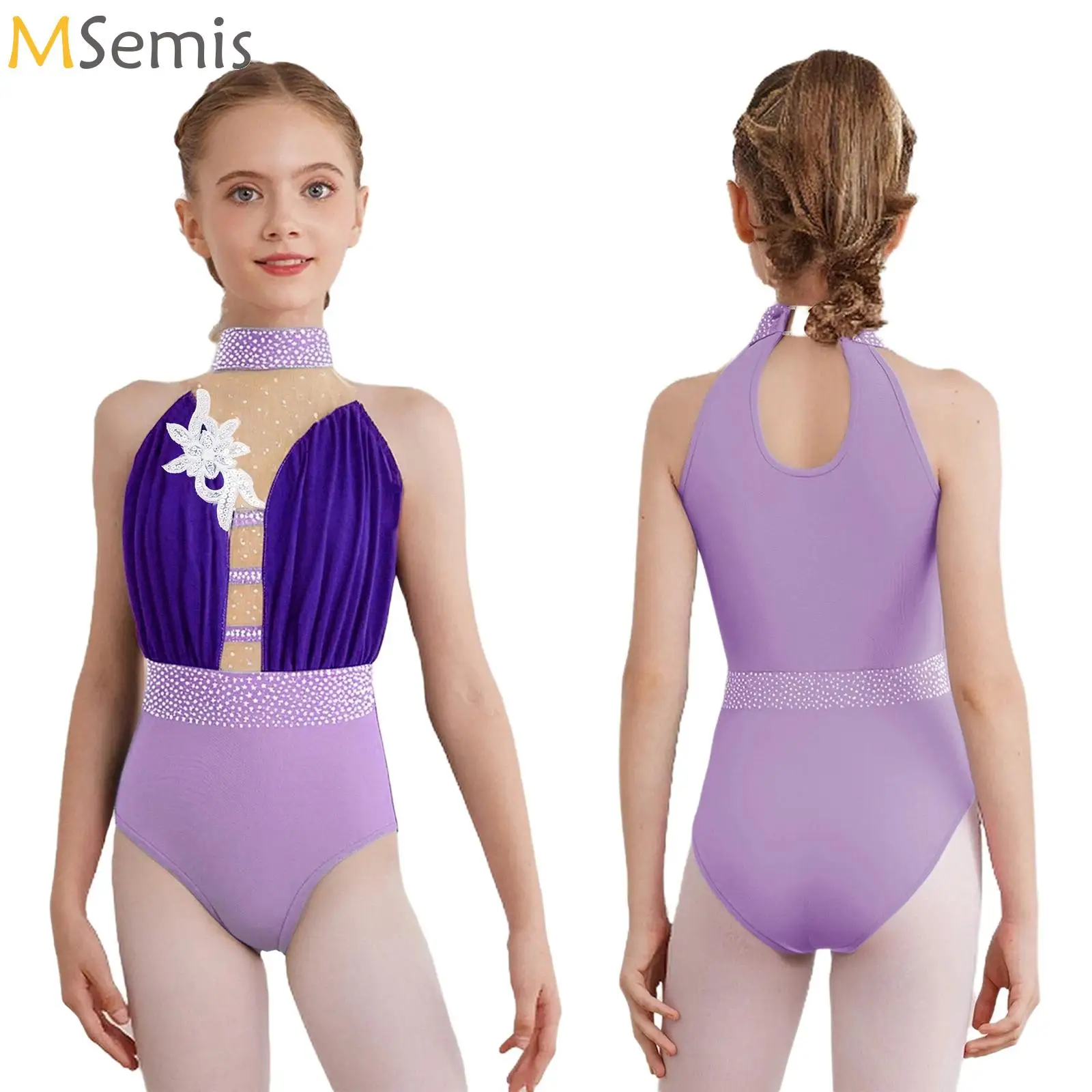 Kids Girls Ballet Figure Skating Rhythmic Gymnastics Sheer Mesh Applique Rhinestones Leotard Stage Performance Costume Dancewear