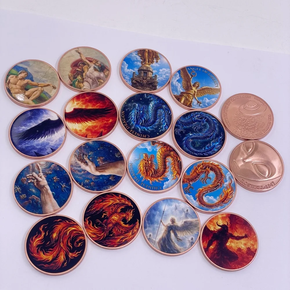 1oz Pure Copper Commemorative Coin Colorful Art Print Collection Dragon Angel Phoenix Mythology Challenge Coin Souvenir Gifts