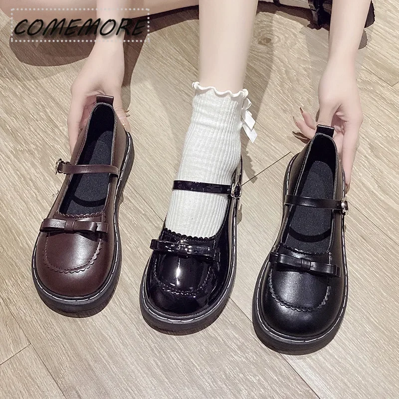 

Lolita Shoes Bow Mary Janes Shoes Platform Women's Flats Leather Round Toe Casual Shoes Lovely Girls Black Oxford Spring/Autumn