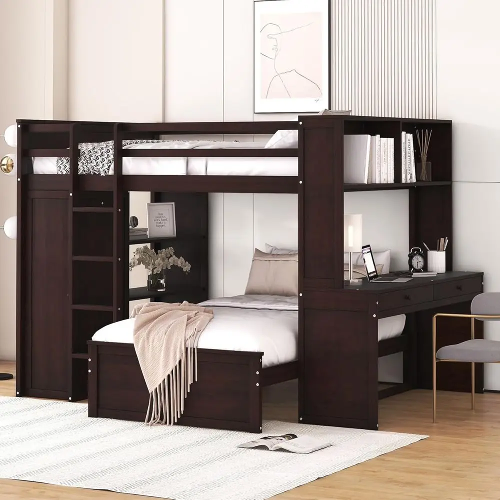 

Space-Saving Loft Bed with Desk, Wardrobe, and Storage Drawers for Kids and Teens