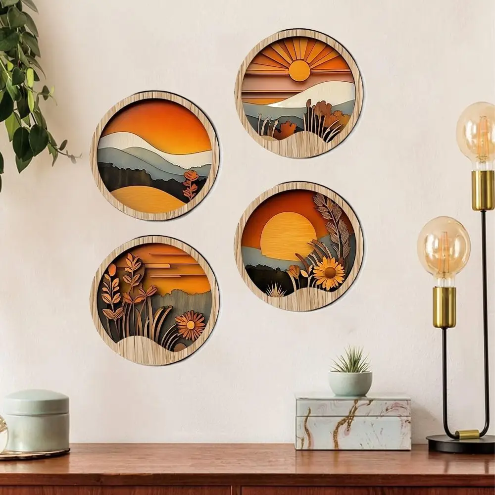 

4Pcs Wooden Farmland Scenery Wall Hanging Bohemian Style Exquisite Background Pendant Round Geometric Frames Wall Art Gift