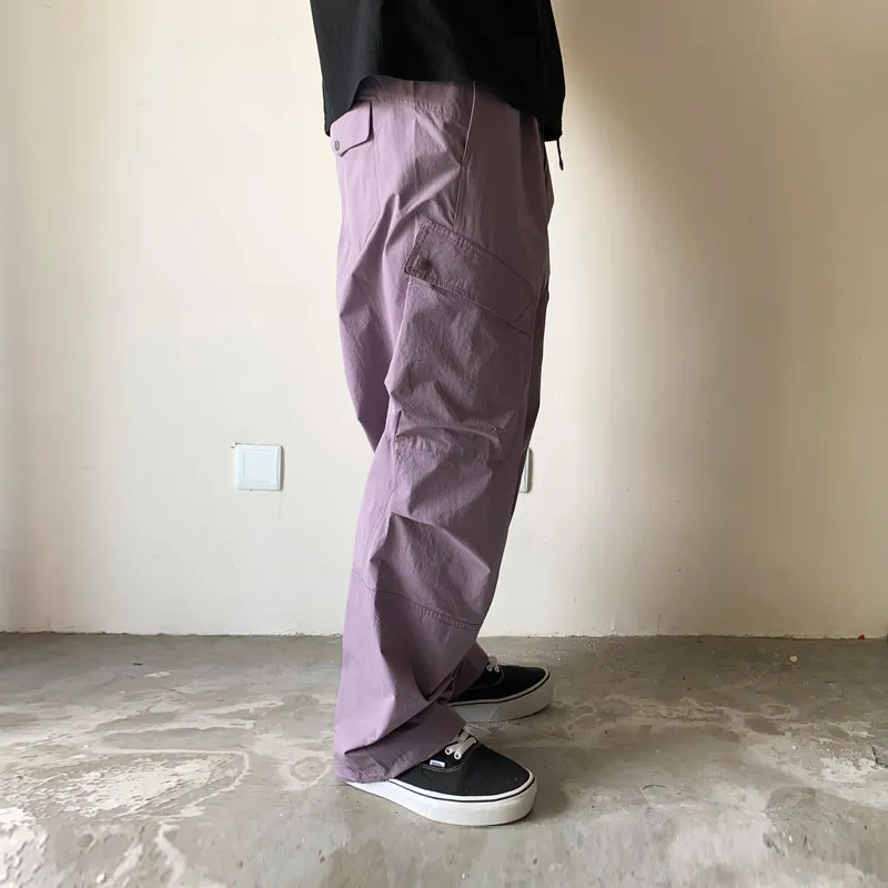 Summer Autumn Lightweight Straight Wide-Leg Cargo Pants for Men 100% Polyester Multi-Pocket Quick-Dry Casual Trousers Outdoor