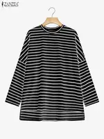 2025 automne rayé Blouse ZANZEA mode femmes à manches longues hauts col rond chemise ample musulman Abaya décontracté haut bas Blusas Mujer 4