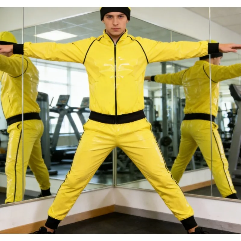 

Мужской спортивный костюм в стиле хип-хоп и панк, глянцевый комплект из лакированной кожи для карнавала, вечеринок в ночных клубах, сценических выступлений рэперов