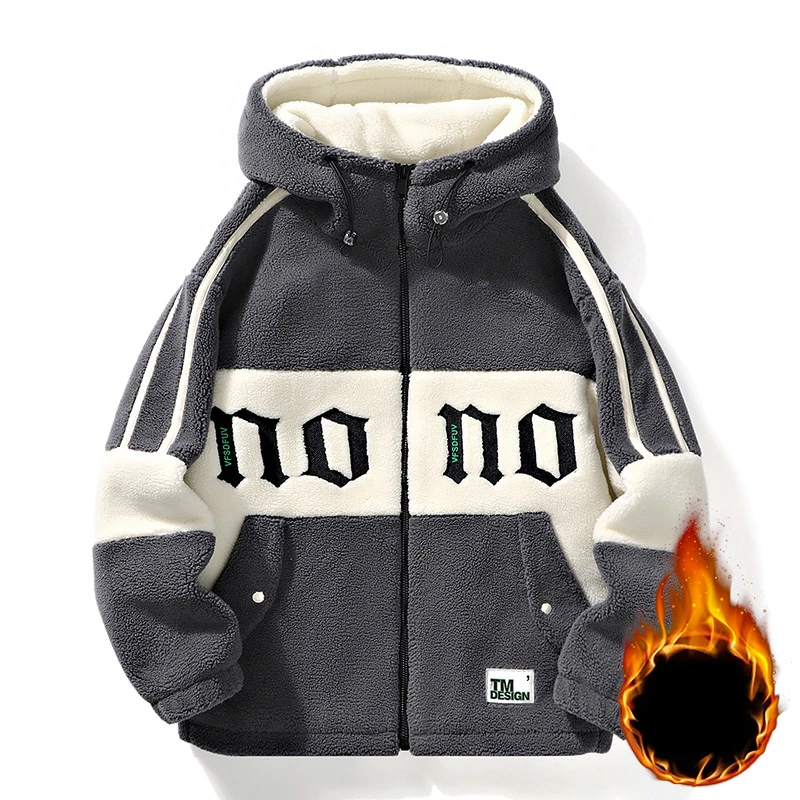 

Men's Cotton Clothing Autumn Winter New Trend Color-block Thickened Loose Outdoor Travel Hooded Coat Men Warm Lamb's Wool Jacket