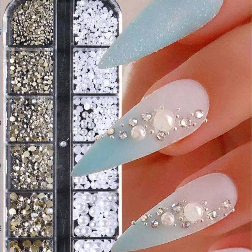 

12Grids 3D White Pearl Beads Mixed Rhinestone Nail Charms Flatback Half-Round Pearl Gems For DIY Phone Case Nail Art Decoration
