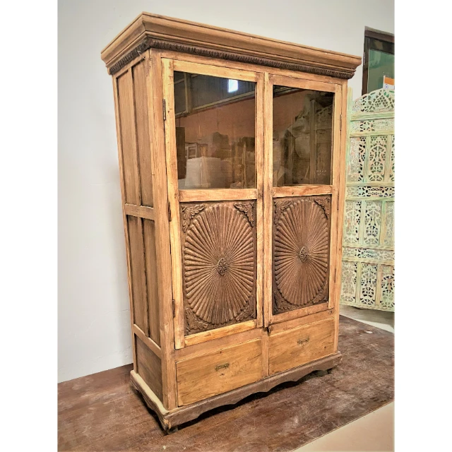 خزانة ملابس بباب مزدوج من الخشب الصلب وأثاث باب زجاجي عتيق