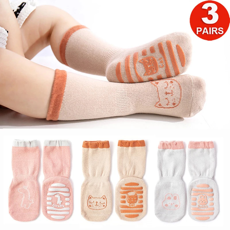 3PAIRS Baby Boys Girls Non Slip Pure Cotton Socks Cute Cartoon Animals Toddlers Grip Floor Walking Long Socks Stocking