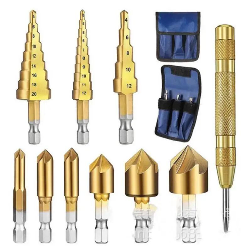 6-Piece Titanium-Coated Countersink Drill Bit Set - High-Performance Woodworking Tool for Precise Chamfering, Hinge & Expansion