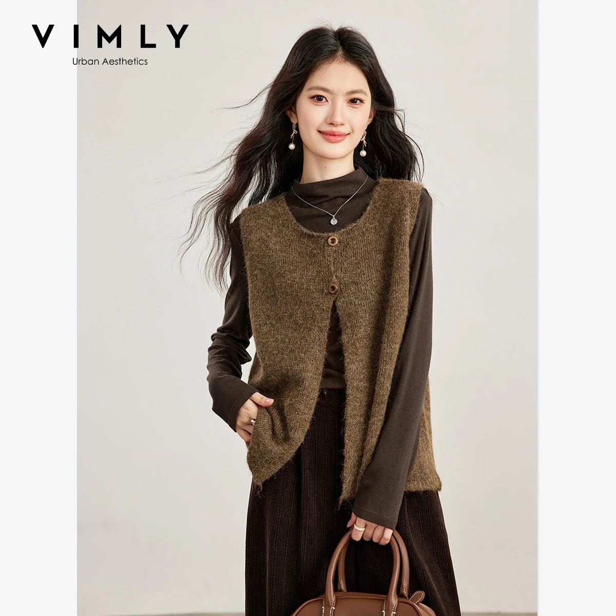 VIMLY Fashion Casual Pullover Vest Two-piece Set for Women 2026 Winter Warm Elegant Fashion Top Casual Matching Outfit 31905