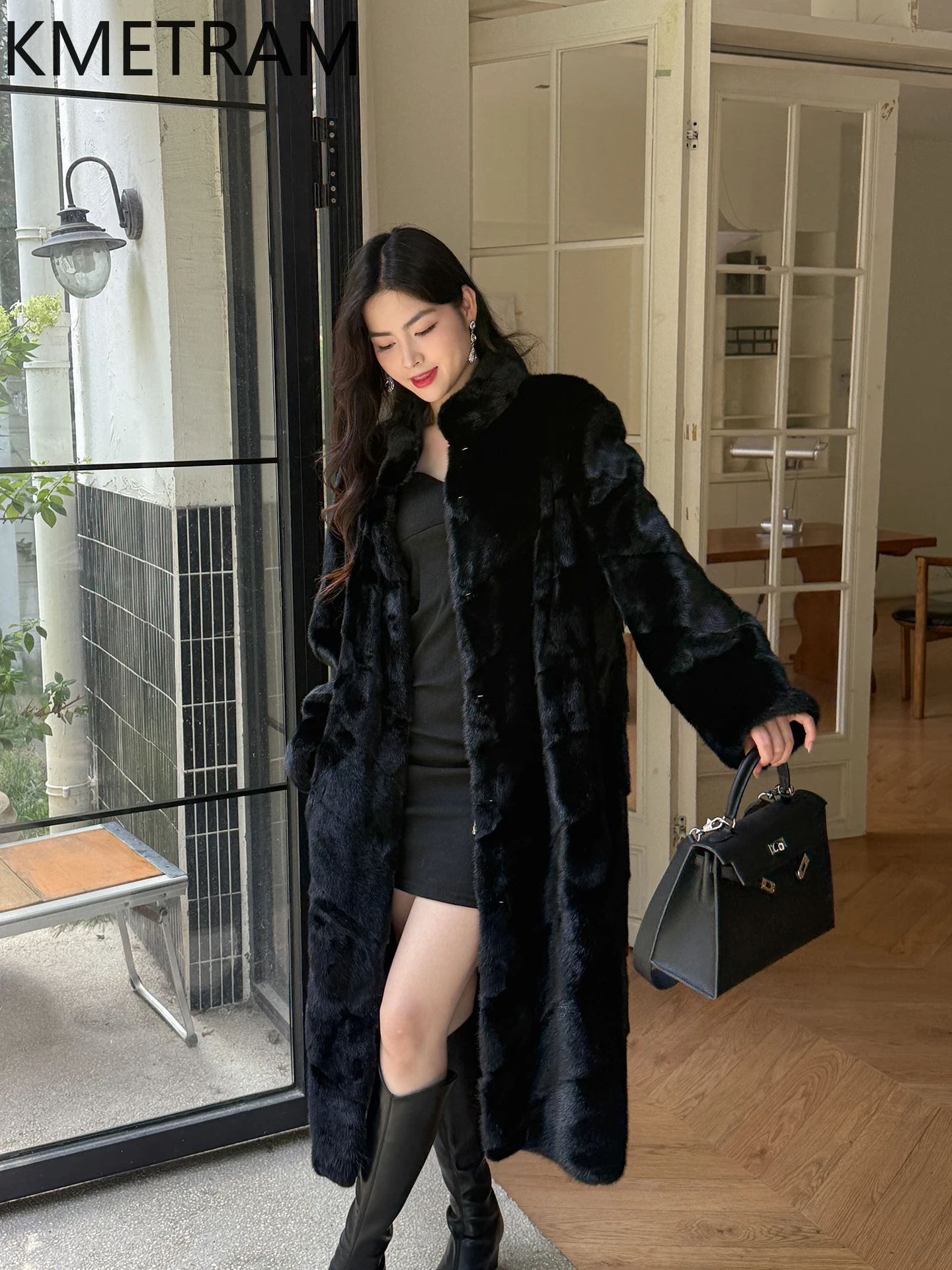 KMETRAM 100% معاطف فرو المنك الكاملة المخملية الطبيعية ملابس نسائية طويلة معطف فرو حقيقي للشتاء الأسود 2025 ملابس خارجية جديدة أربعة