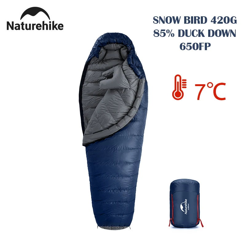 Naturehike Snowbird Mummy Sleeping Bag 85% Duck Down Ultralight Camping Sleeping Bags Winter Warm Nylon Water Splash 4 Seasons