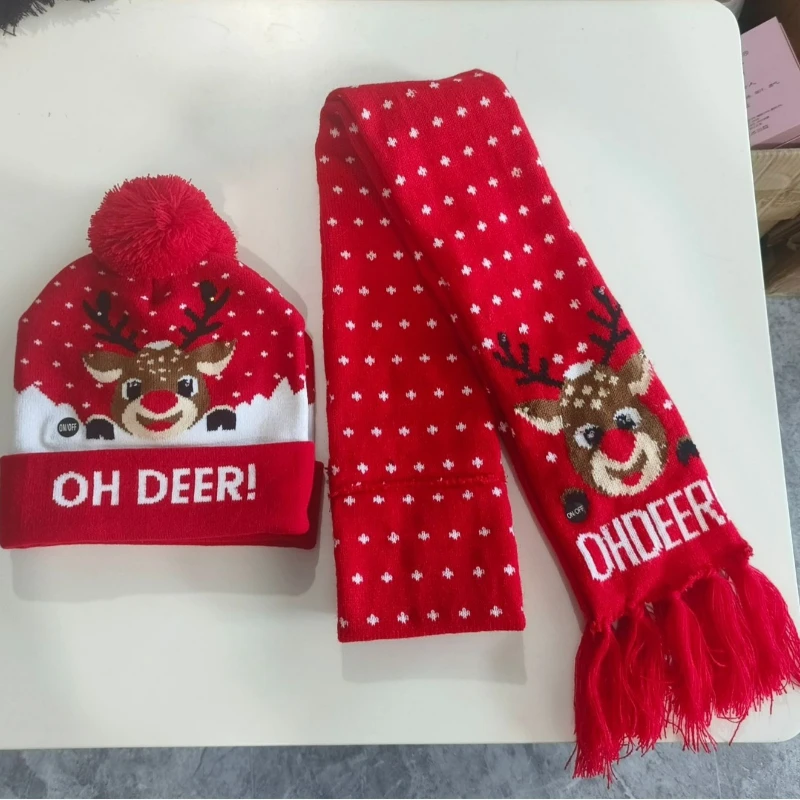 

Knitted Christmas Hat and Scarf Set with LED Lights, New Year Holiday Reindeer Jacquard Yarn Hat, Warm and Windproof