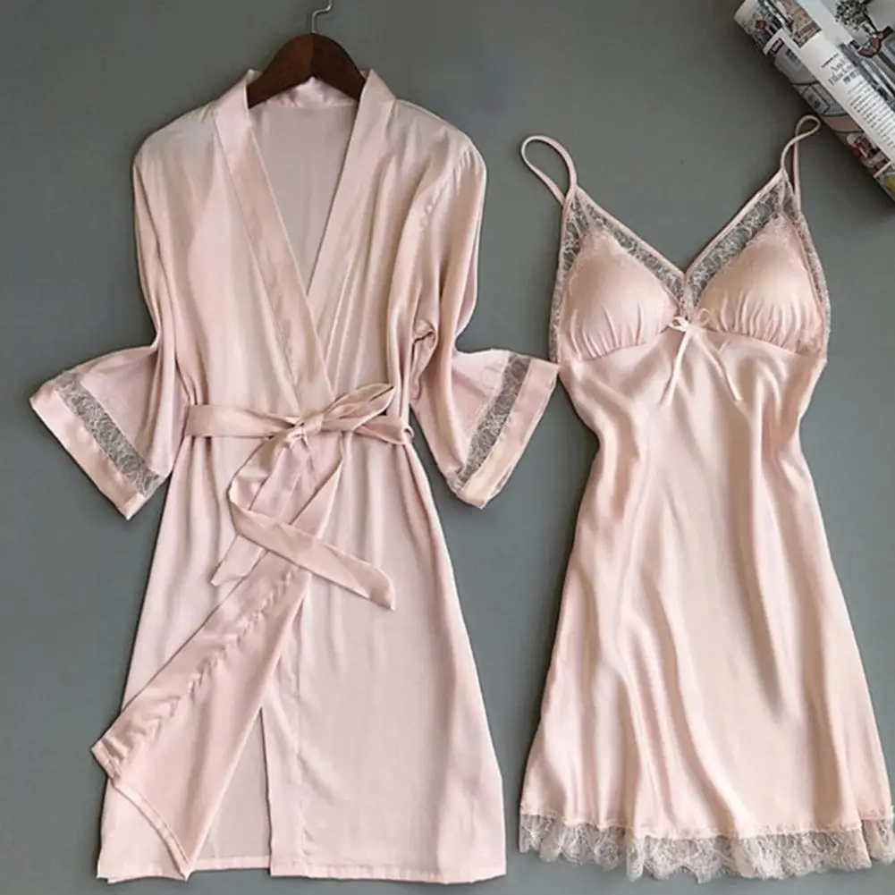 New Two Piece Set Of Satin Silk Pajamas For Ladies Solid Color Lace Edge Sexy Fashion Robes And Suspender Sleepwear Dress