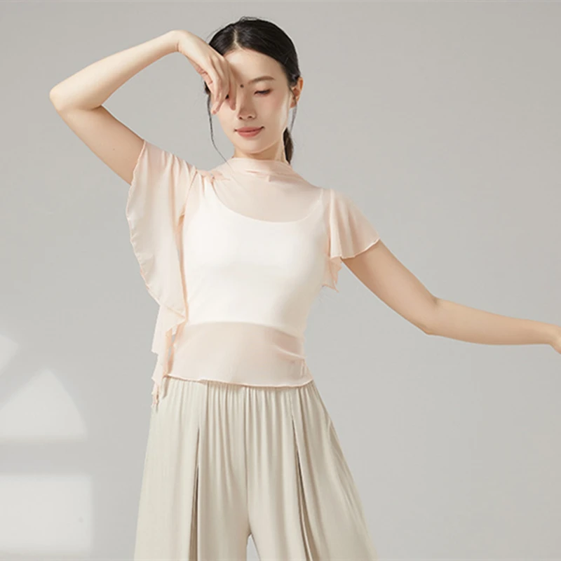 クラシックダンスウェア女性トップ半袖シャツガーゼメッシュハーフハイネック夏流れるステージ練習トップスパフォーマンス衣装