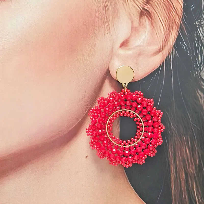 Rice bead earrings Roundness Sunflower Originality Crystal Red Hand knitting Bohemia Alloy Fashion Simple Beaded earrings