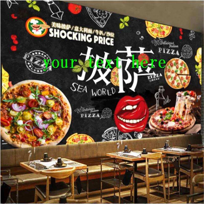 Custom Burgers Western Fast Food Wall Paper 3D Restaurant black Background Italy Pizza Snack Bar Wall Mural Wallpaper 3D