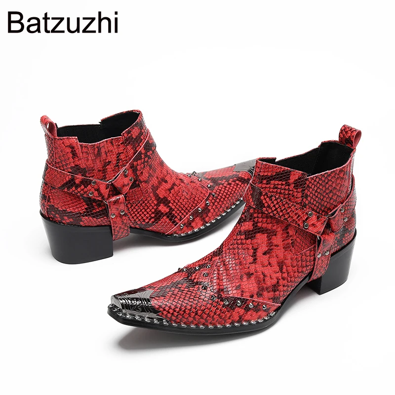 ¡Batzuzhi botas rojas de vaquero para hombre, botines de cuero con punta de Metal, botas cortas de moda sin cordones para hombre, tacones de 6,5 cm!