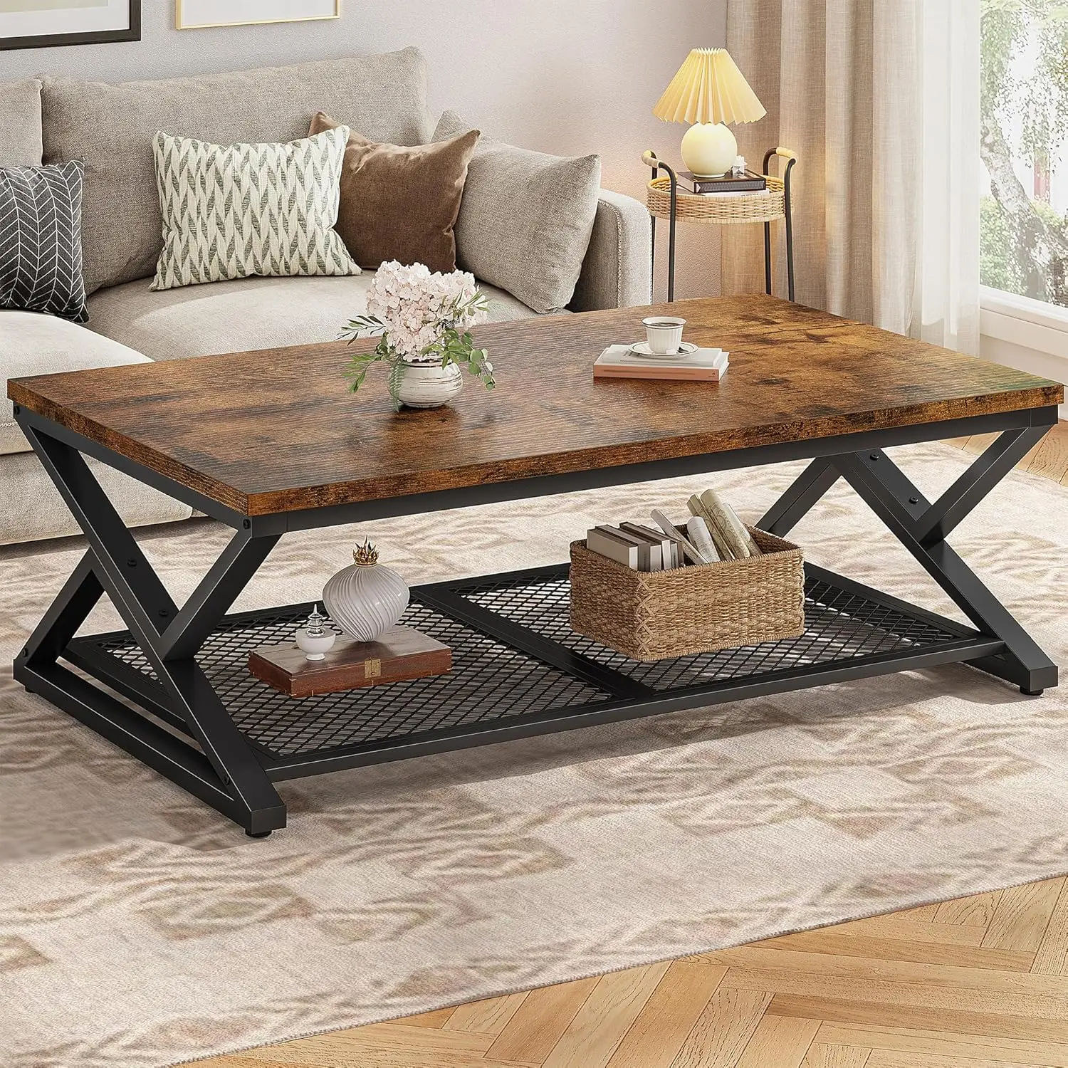 

Coffee Table with Storage, Modern Coffee Tables for Living Room with Mesh Shelf, 2 Tier Rectangular Center Table for Liv