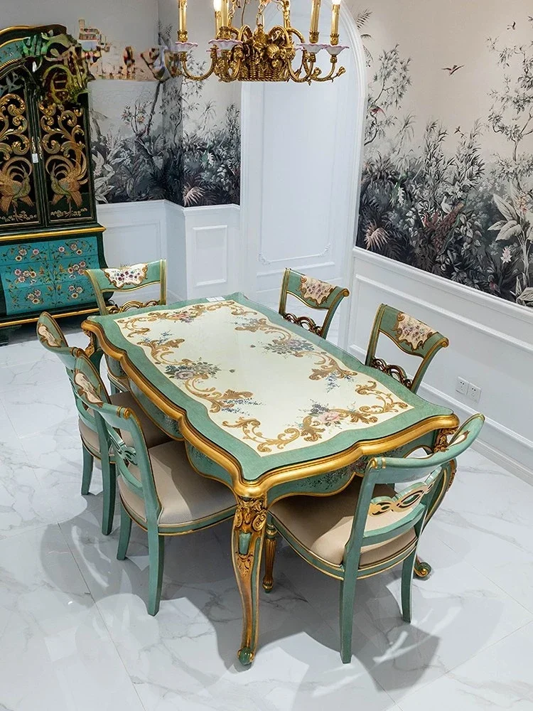 

Green square large dining table solid wood hand-painted carving with gold foil 1.7 meters French villa dining chair