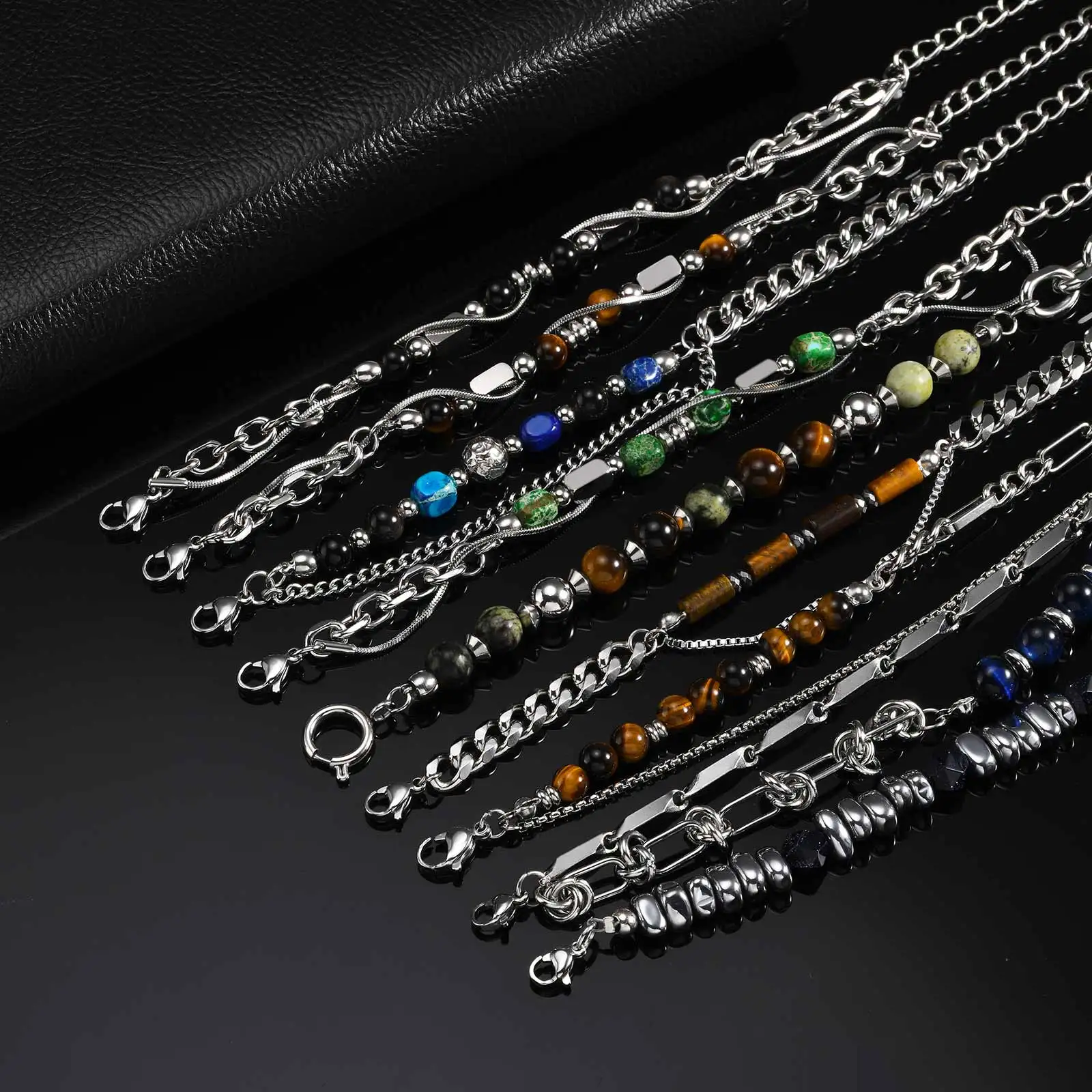 Vnox Naturstein-Perlenarmband für Herren, Edelstahl-Mehrschichtkette, Tigerauge, Obsidian, verstellbarer Armschmuck, Geschenk – Detail 10