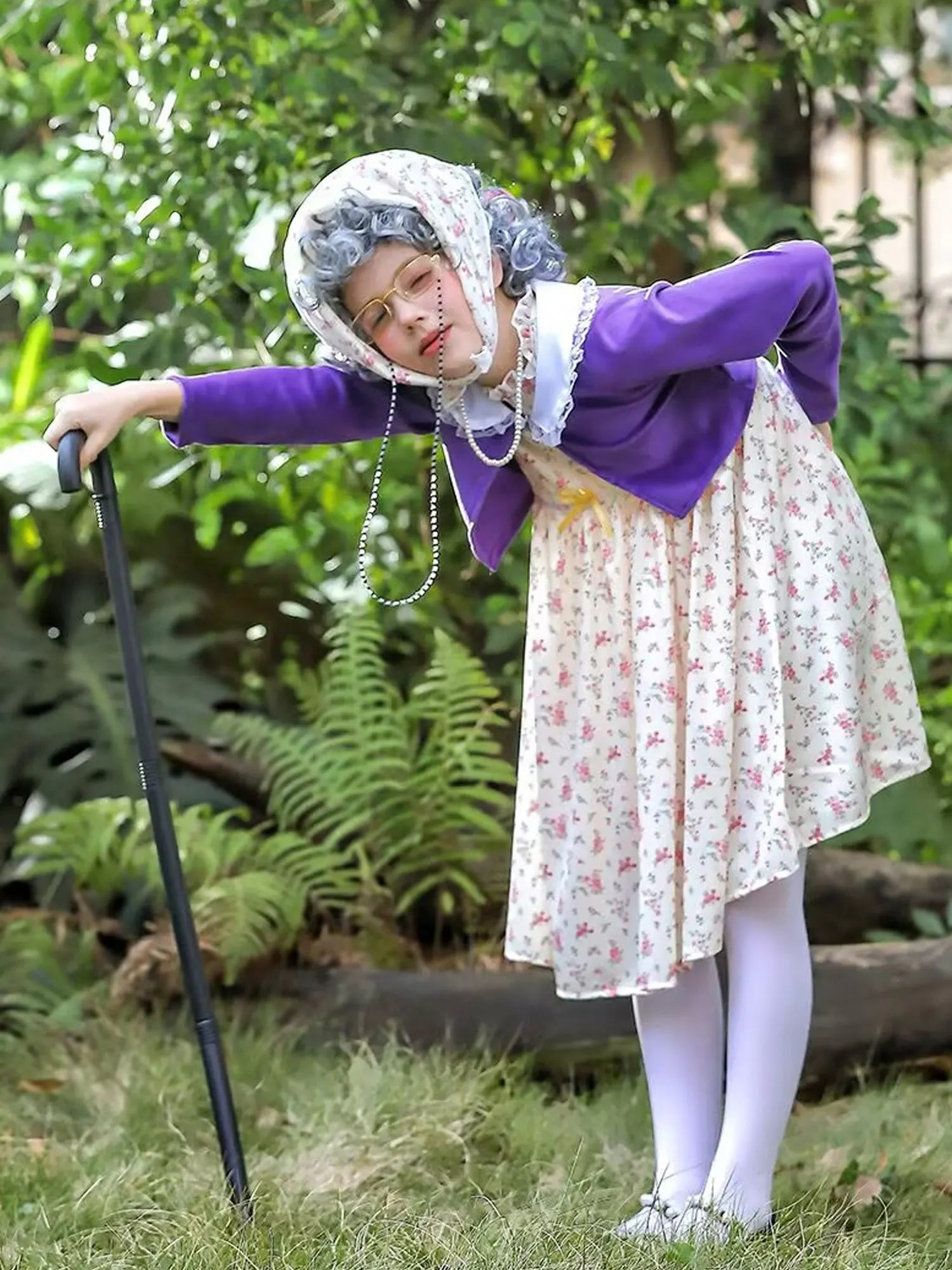 زي الفتيات السيدة العجوز 100 يوم من المدرسة فستان الجدة الجدة 10 قطع شعر مستعار الزي