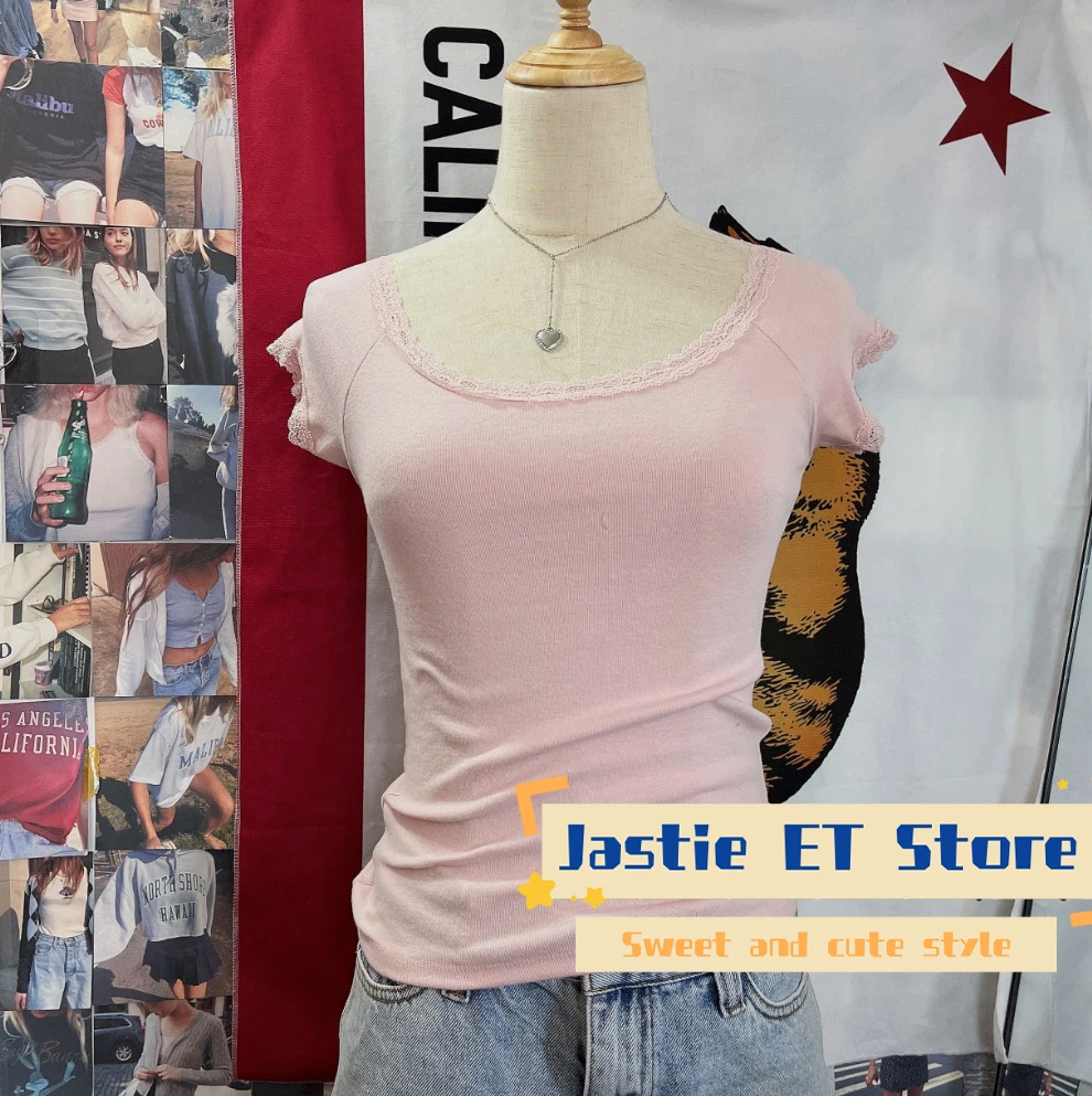 Amerikaanse Stijl Zwart Polka Dot Kant Korte Mouw T-shirt Vrouwen Sexy Slash Hals Slanke Retro Crop Top Katoenmix Korte Tees Shirt