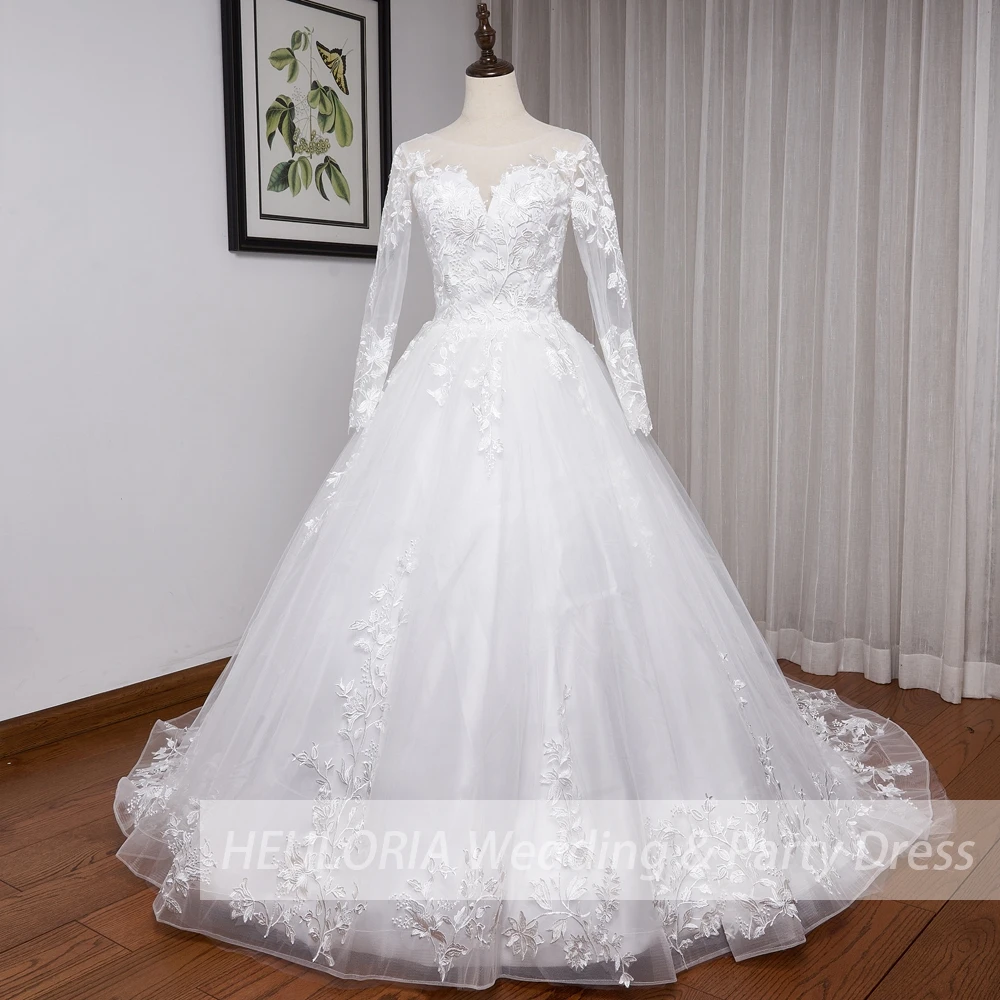 Robe de mariée princesse à manches longues, robe de mariée, grande taille, appliques en dentelle, train de balayage, robe de patients de la mariée