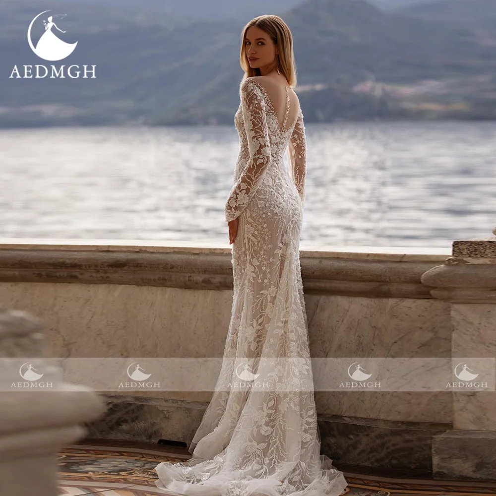 Aedmgh Mermaid Elegant Wedding Dresses O-Neck Long Sleeve Vestido De Novia Appliques Detachable Train Custom Made Bridal Gown