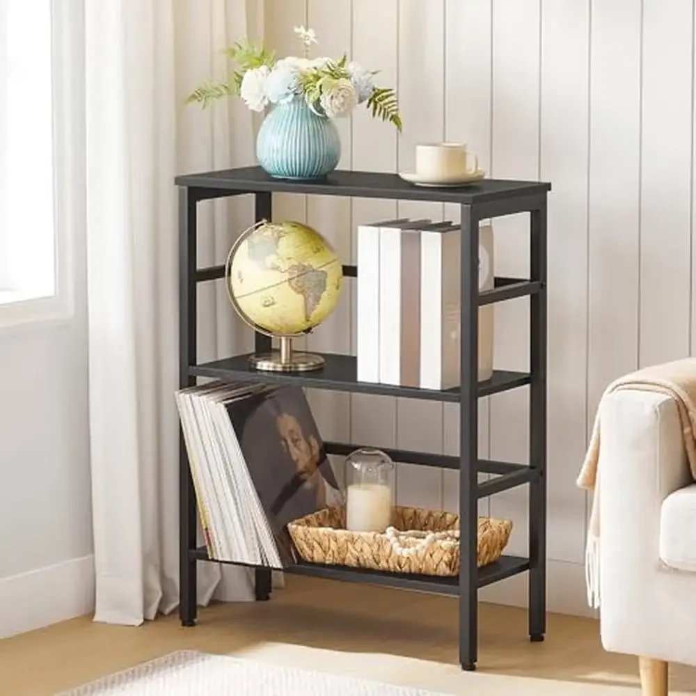 3 Tier Industrial Bookshelf Record Storage Rack Metal Frame Wood Shelf Open Display Home Office Plant Towel End Table Telephone