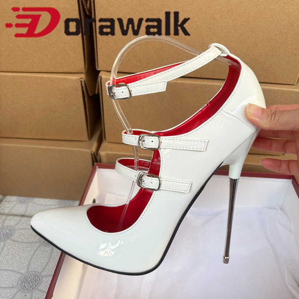 

Big Size45 46 Newly 16cm Super Metal High Heels Ankle Strap White Red indise Sexy Pumps Fetish Stilettos Pole Dance Unisex Shoes