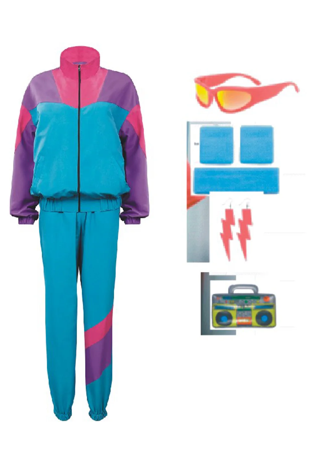 80s Men Women Rose and Blue Mixed 7 Piece/Set Retro Tracksuit Cosplay Casual Street Costume Glasses Halloween Carnival Suit