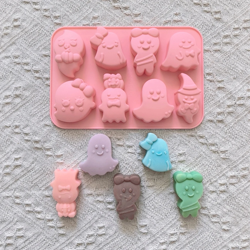 1pc 8-hole and 8-style ghost shaped silicone mold, used for chocolate, desserts, cookies, DIY non stick baking molds