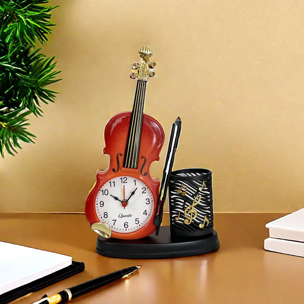 Desk Alarm Clock Vintage Desk Clock Guitar Shape Stable Base Battery Powered ABS Alarm Clock with Pencil Holder for Bedroom