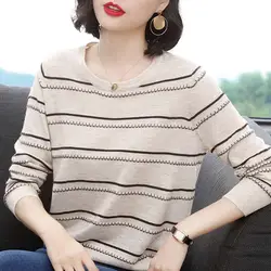 Women Autumn Simplicity Loose Elegant Striped O-neck Long Sleeve Knitwear Ladies Office Lad All-match Appear Thin Knitting Tops