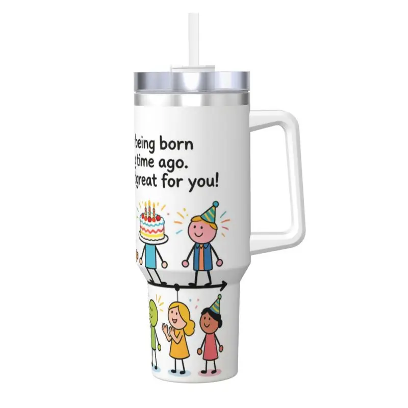 

40oz Ice Bully Tumbler features a unique birthday celebration theme with colorful cartoon characters and heartwarming English me