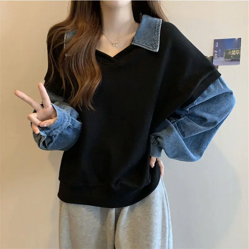 Fashion V-Neck Spliced Denim Fake Two Pieces Sweatshirts Female Clothing 2025 Spring New Loose Korean Tops Casual Sweatshirts